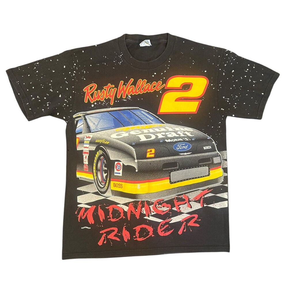 Vintage AOP Black NASCAR Rusty Wallace Midnight Rider Racing Tee Size Large